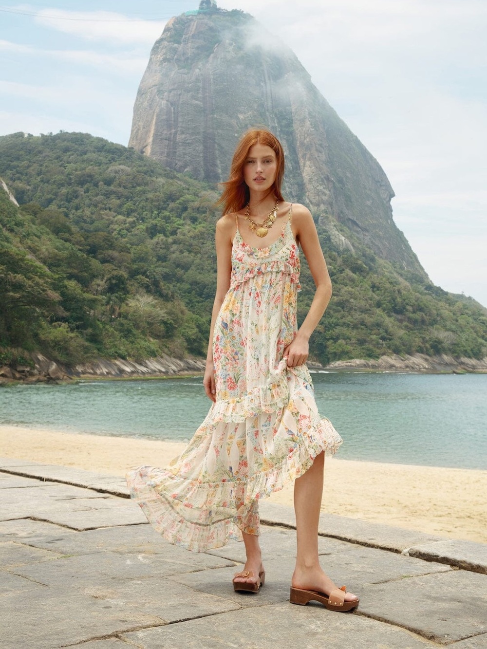 NWT FARM Rio Multicolor Rendeira Ruffled Sleeveless Maxi Dress, XS 🌴